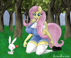 Size: 1972x1600 | Tagged: safe, derpibooru import, angel bunny, fluttershy, anthro, pegasus, plantigrade anthro, rabbit, animal, big breasts, breasts, clothes, female, flower, forest, hootershy, kneeling, overalls