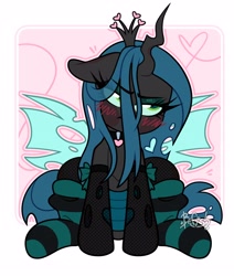 Size: 3000x3546 | Tagged: safe, artist:befish, artist:befishproductions, derpibooru import, queen chrysalis, changeling, changeling queen, blushing, clothes, collar, cute, cutealis, female, fishnet stockings, heart, high res, passepartout, sitting, socks, solo, striped socks