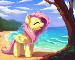 Size: 1440x1152 | Tagged: safe, ai content, derpibooru import, editor:nightluna, generator:purplesmart.ai, generator:stable diffusion, machine learning generated, fluttershy, pegasus, pony, beach, cloud, cute, ear fluff, ears, eyes closed, female, folded wings, full body, mare, messy mane, ocean, open mouth, open smile, prompter:nightluna, shyabetes, sky, smiling, solo, standing, tree, water, wings