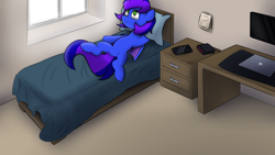 Size: 5120x2880 | Tagged: safe, artist:japkozjad, derpibooru import, oc, oc:nightstaroc, bat pony, pony, bed, calendar, cellphone, computer, desk, featureless crotch, female, indoors, iphone, laptop computer, lying, macbook, mare, monitor, on bed, phone, smartphone, solo