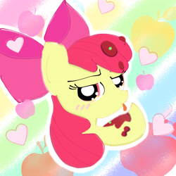 Size: 4096x4096 | Tagged: safe, artist:tiga mega, derpibooru import, apple bloom, earth pony, pony, somepony to watch over me, adorabloom, apple, behaving like a cat, blushing, cute, female, filly, foal, food, heart, licking, looking at you, pea, sauce, solo, tongue, tongue out