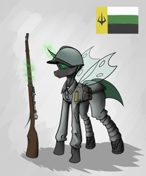 Size: 2500x3000 | Tagged: safe, artist:incrediblepanzer, derpibooru import, changeling, equestria at war mod, clothes, green changeling, gun, headcanon, helmet, military uniform, rifle, solo, sternocleidomastoid, uniform, weapon