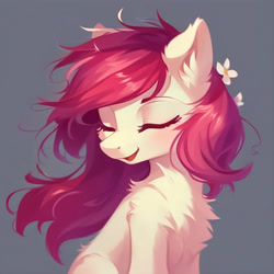 Size: 1536x1536 | Tagged: safe, ai content, derpibooru import, generator:purplesmart.ai, generator:stable diffusion, machine learning generated, roseluck, earth pony, pony, bust, chest fluff, cute, ear fluff, ears, eyes closed, female, flower, flower in hair, fluffy, gray background, head turn, mare, messy mane, missing cutie mark, open mouth, open smile, portrait, prompter:nightluna, simple background, smiling, solo