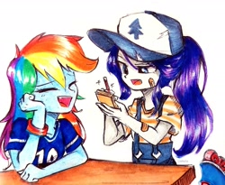 Size: 2365x1938 | Tagged: safe, artist:liaaqila, derpibooru import, rainbow dash, rarity, human, equestria girls, bandaid, baseball cap, cap, clothes, commission, diner, eyes closed, female, hat, jersey, laughing, notepad, open mouth, overalls, pencil, ponytail, roller skates, skates, table, waitress