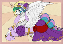 Size: 3500x2466 | Tagged: safe, artist:longinius, derpibooru import, princess celestia, alicorn, pony, abstract background, alternate hairstyle, braid, clothes, colored, dress, female, headdress, looking at you, looking sideways, lying down, mare, medieval, profile, prone, royalty, side view, smiling, smiling at you, solo