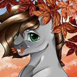 Size: 1700x1700 | Tagged: safe, artist:lebalisa, derpibooru import, oc, oc only, oc:cj vampire, earth pony, pony, ambiguous gender, autumn, bust, commission, digital art, fangs, feral, fluffy, fur, green eyes, hair, head fluff, heterochromia, mane, portrait, scene, solo, teeth, ych result