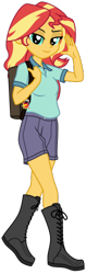 Size: 158x500 | Tagged: safe, artist:emeraldblast63, derpibooru import, sunset shimmer, equestria girls, backpack, boots, clothes, lidded eyes, looking at you, shirt, shoes, shorts, simple background, smiling, solo, transparent background, waving