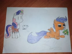 Size: 4160x3120 | Tagged: safe, artist:epicheavytf2, derpibooru import, scootaloo, sweetie belle, rat, apron, beady eyes, brown coat, cheese, clothes, eye, eyes, female, filly, foal, food, gustavo, irl, magic, paper, photo, pizza tower, simple background, small eyes, traditional art, whiskers