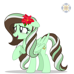 Size: 3000x3000 | Tagged: safe, artist:mint-light, artist:r4hucksake, derpibooru import, oc, oc only, oc:choco mint, pegasus, pony, base used, blushing, cute, flower, flower in hair, freckles, heterochromia, ocbetes, raised hoof, raised leg, simple background, smiling, solo, transparent background