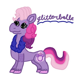 Size: 1000x1000 | Tagged: safe, artist:mintwhistle, derpibooru import, part of a set, glitterbelle, earth pony, pony, g3, colored hooves, cursive writing, feather boa, female, glitter, mare, medibang paint, simple background, smiling, solo, translucent, unshorn fetlocks, white background