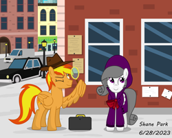 Size: 9000x7237 | Tagged: safe, artist:creedyboy124, derpibooru import, oc, oc only, oc:firey ratchet, oc:oliver spade, pegasus, briefcase, building, car, clothes, detective, fedora, hat, magnifying glass, streetlight, trenchcoat