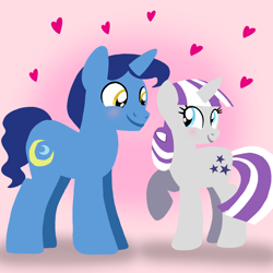 Size: 1400x1400 | Tagged: safe, artist:mlplary6, derpibooru import, night light, twilight velvet, pony, unicorn, blushing, female, heart, husband and wife, lineless, looking at each other, looking at someone, love, male, mare, married couple, nightvelvet, shipping, smiling, smiling at each other, stallion, straight