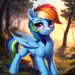 Size: 2560x2560 | Tagged: safe, ai content, derpibooru import, generator:novelai, generator:stable diffusion, machine learning generated, rainbow dash, pegasus, pony, backwards cutie mark, chest fluff, ear fluff, ears, female, forest, looking at you, mare, offscreen character, outdoors, pov, prompter:ada, solo, tree