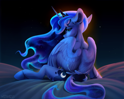 Size: 3813x3064 | Tagged: safe, artist:mithriss, derpibooru import, princess luna, alicorn, pony, back, bed, crown, ethereal mane, ethereal tail, female, horn, jewelry, looking at you, mare, rear view, regalia, simple background, solo, stars, tail, wings