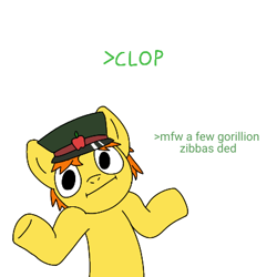 Size: 400x400 | Tagged: safe, artist:hach, derpibooru import, oc, oc only, earth pony, pony, 4chan, >clop, cap, greentext, hat, implied genocide, looking at you, male, op is a cuck, shrug, shrugpony, simple background, solo, stallion, text, unnamed oc, white background