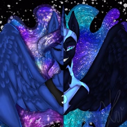 Size: 2048x2048 | Tagged: safe, artist:darlingalie, derpibooru import, nightmare moon, princess luna, alicorn, pony, g4, black background, blue eyes, blue mane, bust, digital art, ear fluff, ears, ethereal mane, eyelashes, eyes closed, eyeshadow, fangs, feather, female, flowing mane, helmet, horn, looking at you, makeup, mare, night, peytral, portrait, redraw, simple background, smiling, smiling at you, solo, spread wings, starry mane, stars, teeth, wings