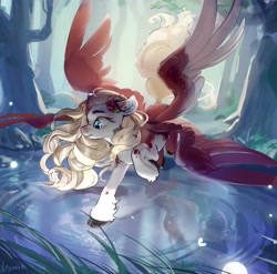 Size: 4096x4054 | Tagged: safe, artist:laymy, derpibooru import, oc, oc only, pegasus, pony, absurd resolution, coat markings, colored wings, female, flower, flower in hair, forest, mare, multicolored wings, multiple wings, pond, reflection, rose, solo, spread wings, water, wings
