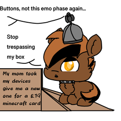 Size: 4096x4096 | Tagged: safe, artist:sweetsterty, derpibooru import, button mash, earth pony, pony, box, buttonbetes, cheek fluff, chest fluff, collar, colt, cute, emo, foal, hat, male, propeller hat, sign, sitting, talking