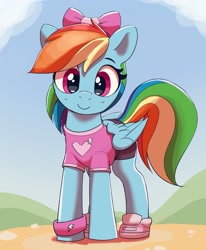 Size: 2135x2589 | Tagged: safe, artist:pabbley, derpibooru import, rainbow dash, pegasus, pony, bow, clothes, cute, dashabetes, female, hair bow, high res, hoof shoes, looking at you, mare, rainbow dash always dresses in style, shirt, shoes, smiling, smiling at you, sneakers, solo, sweatband