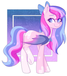 Size: 2440x2760 | Tagged: safe, artist:oniiponii, derpibooru import, oc, oc only, oc:lilith, bat pony, pony, bat pony oc, bat wings, bow, eyelashes, female, hair bow, looking back, looking sideways, mare, raised leg, simple background, smiling, solo, transparent background, wings