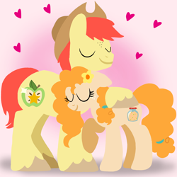 Size: 1400x1400 | Tagged: safe, artist:mlplary6, derpibooru import, bright mac, pear butter, earth pony, pony, brightbutter, eyes closed, female, flower, flower in hair, hat, heart, hug, husband and wife, lineless, love, male, mare, married couple, shipping, smiling, stallion, straight