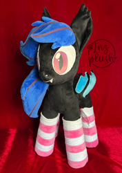 Size: 660x930 | Tagged: safe, derpibooru import, oc, oc only, oc:ebony rose, bat pony, pegasus, pony, bat wings, clothes, commission, cute, ear tufts, fangs, irl, photo, plushie, pony plushie, socks, solo, striped socks, wings