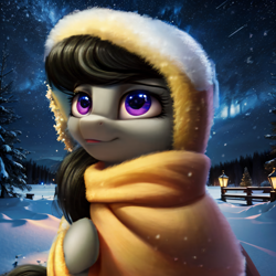 Size: 3072x3072 | Tagged: safe, ai content, derpibooru import, generator:pony diffusion v5, generator:seaart.ai, machine learning generated, octavia melody, earth pony, pony, bust, clothes, female, hood, lantern, mare, night, night sky, prompt in description, prompter:tyto4tme4l, sky, snow, snowfall, solo, stars, tree, winter, winter coat, winter outfit