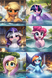 Size: 1280x1920 | Tagged: safe, ai content, derpibooru import, generator:novelai, generator:stable diffusion, machine learning generated, applejack, fluttershy, pinkie pie, rainbow dash, rarity, twilight sparkle, twilight sparkle (alicorn), alicorn, blushing, candle, chest fluff, ears, female, floppy ears, looking at you, mane six, mare, prompter:ada, swimming, waifu, water, waterfall, wrong eye color