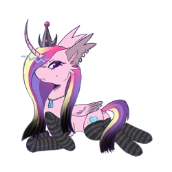 Size: 1109x1109 | Tagged: safe, artist:7redteeths, derpibooru import, princess cadance, alicorn, pony, g4, cheek piercing, clothes, crown, curved horn, ear piercing, earring, eyeshadow, female, folded wings, horn, jewelry, lidded eyes, lip piercing, lock, makeup, mare, necklace, piercing, regalia, simple background, snake bites, socks, solo, striped socks, tail, transparent background, wings