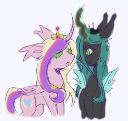 Size: 1105x1046 | Tagged: safe, artist:7redteeths, derpibooru import, princess cadance, queen chrysalis, alicorn, changeling, changeling queen, g4, crown, curved horn, duo, duo female, female, folded wings, glowing, glowing horn, horn, jewelry, lidded eyes, mare, mind control, open mouth, peytral, regalia, simple background, spread wings, swirly eyes, tail, wings