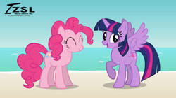 Size: 750x421 | Tagged: safe, artist:zslnews, derpibooru import, pinkie pie, twilight sparkle, twilight sparkle (alicorn), alicorn, earth pony, pony, ^^, beach, duo, duo female, eyes closed, female, looking at you, mare, open mouth, spread wings, water, wings