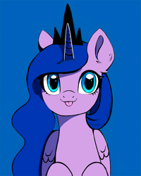 Size: 1024x1280 | Tagged: safe, artist:truedepressed, derpibooru import, princess luna, alicorn, pony, blue background, cute, looking at you, simple background, smiling, tongue, tongue out