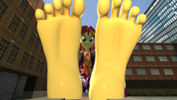 Size: 3840x2160 | Tagged: safe, artist:giantfemboiz, derpibooru import, sunset shimmer, human, better together, equestria girls, sunset's backstage pass!, 3d, barefoot, feet, female, fetish, foot fetish, giantess, gmod, macro, soles, solo, source filmmaker, toes