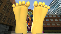 Size: 3840x2160 | Tagged: safe, artist:giantfemboiz, derpibooru import, sunset shimmer, better together, equestria girls, sunset's backstage pass!, 3d, barefoot, feet, female, fetish, foot fetish, giantess, gmod, macro, microphone, scrunching toes, singing, soles, solo, toes