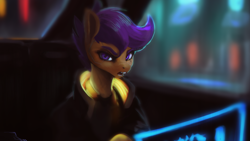 Size: 1920x1080 | Tagged: safe, artist:hierozaki, derpibooru import, scootaloo, pegasus, pony, clothes, cyberpunk 2077, female, jacket, looking at you, mare, older, older scootaloo, solo