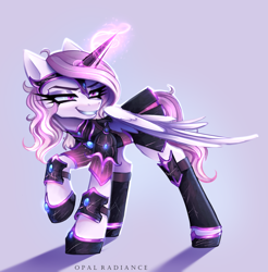 Size: 2800x2840 | Tagged: safe, artist:opal_radiance, derpibooru import, oc, oc:iron glamour, pegasus, pony, armor, artificial horn, grin, simple background, smiling, smug, solo