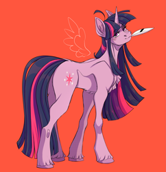 Size: 3353x3469 | Tagged: safe, artist:1an1, derpibooru import, twilight sparkle, unicorn twilight, unicorn, chest fluff, concave belly, female, hooves, mare, mouth hold, red background, simple background, slim, solo, sternocleidomastoid, thin, unshorn fetlocks