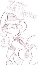 Size: 1250x2100 | Tagged: safe, artist:dshou, derpibooru import, oc, oc only, pegasus, pony, bipedal, bottle, christmas, commission, happy holidays, hat, holding, holiday, looking at you, monochrome, open mouth, santa hat, sketch, smiling, solo, wine bottle