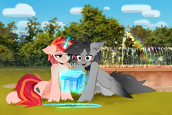 Size: 3000x2000 | Tagged: safe, artist:zlatavector, derpibooru import, oc, oc only, oc:kainy, oc:linaxero, bat pony, pegasus, pony, unicorn, bat pony oc, blushing, collar, commission, female, fountain, gift art, glowing, glowing horn, grass, happy, happy birthday, horn, hybrid oc, looking at someone, magic, mare, nature, park, present, rainbow, sitting, spread wings, wings