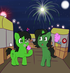 Size: 1155x1200 | Tagged: safe, artist:wanda, derpibooru import, oc, oc only, oc:anon filly, earth pony, pony, carnival, cotton candy, female, filly, fireworks, foal, moon, night