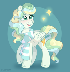 Size: 2082x2147 | Tagged: safe, artist:skysorbett, derpibooru import, vapor trail, pegasus, pony, g4, clothes, cute, female, full body, mare, open mouth, open smile, scarf, simple background, smiling, solo, sparkles, striped scarf, vaporbetes, wavy mane