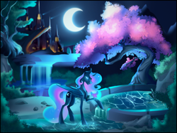 Size: 2732x2048 | Tagged: safe, artist:anekomori, derpibooru import, princess luna, alicorn, butterfly, pony, g4, beautiful, blue eyes, castle, concave belly, crescent moon, crown, digital art, ethereal mane, ethereal tail, feather, female, flowing mane, flowing tail, folded wings, fountain, high res, horn, jewelry, large wings, long legs, mare, moon, moonlight, night, open mouth, raised hoof, raised leg, regalia, rock, signature, slim, solo, starry mane, starry tail, tail, tall, teeth, thin, tree, water, waterfall, wings