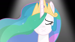 Size: 1280x720 | Tagged: source needed, safe, derpibooru import, princess celestia, alicorn, pony, bust, eyes closed, hair over one eye, portrait, sad, solo, spotlight