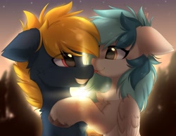 Size: 4096x3183 | Tagged: safe, artist:lunylin, derpibooru import, oc, oc only, oc:osteen, oc:peacher, pegasus, pony, boop, chest fluff, commission, duo, duo male and female, ear fluff, ears, eye clipping through hair, eyebrows, eyebrows visible through hair, female, floppy ears, folded wings, high res, husband and wife, male, mare, married couple, noseboop, pegasus oc, smiling, stallion, tongue, tongue out, unshorn fetlocks, wings