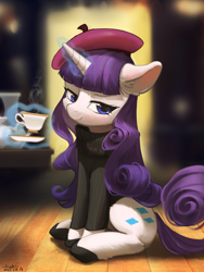 Size: 1280x1703 | Tagged: safe, artist:flvski, derpibooru import, rarity, pony, unicorn, beatnik rarity, beret, clothes, cup, cute, ear fluff, ears, female, glowing, glowing horn, hat, horn, levitation, looking at you, magic, magic aura, mare, raribetes, sitting, smiling, smiling at you, solo, sweater, teacup, telekinesis