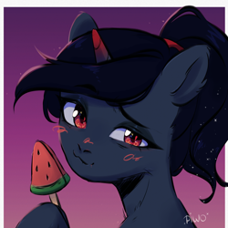 Size: 2300x2300 | Tagged: safe, artist:piwo, derpibooru import, oc, oc only, pony, unicorn, blushing, colored, commission, cute, dark skin, eyelashes, eyeshadow, food, horn, ice cream, looking at you, makeup, ponytail, raised hoof, raised leg, red eyes, sketch, smiling, smiling at you, stars, sunset, unicorn oc, watermelon, ych result