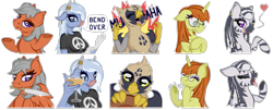 Size: 2565x1038 | Tagged: safe, artist:virenth, derpibooru import, oc, oc:crescendo, oc:hester, oc:hime cut, oc:nova, oc:virenth, griffon, minotaur, pegasus, unicorn, zebra, comic:virenth mixtures emporium, clapping, emoji, female, gloves, horny, knife, laughing, looking at you, rubber gloves, scared, shrug, sticker, sticker pack, yawn