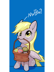 Size: 1280x1706 | Tagged: safe, artist:flvski, derpibooru import, derpy hooves, pegasus, pony, basket, cute, derpabetes, eye clipping through hair, female, folded wings, food, mare, mouth hold, muffin, solo, wings