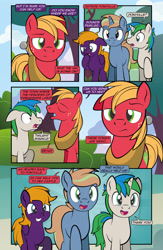 Size: 1920x2948 | Tagged: safe, artist:alexdti, derpibooru import, big macintosh, oc, oc:brainstorm (alexdti), oc:purple creativity, oc:star logic, pegasus, pony, unicorn, comic:quest for friendship retold, one ear down