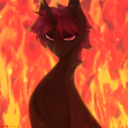 Size: 2048x2048 | Tagged: safe, artist:enderbee, derpibooru import, oc, pony, unicorn, angry, fire, fireplace, male, short hair, solo, stallion